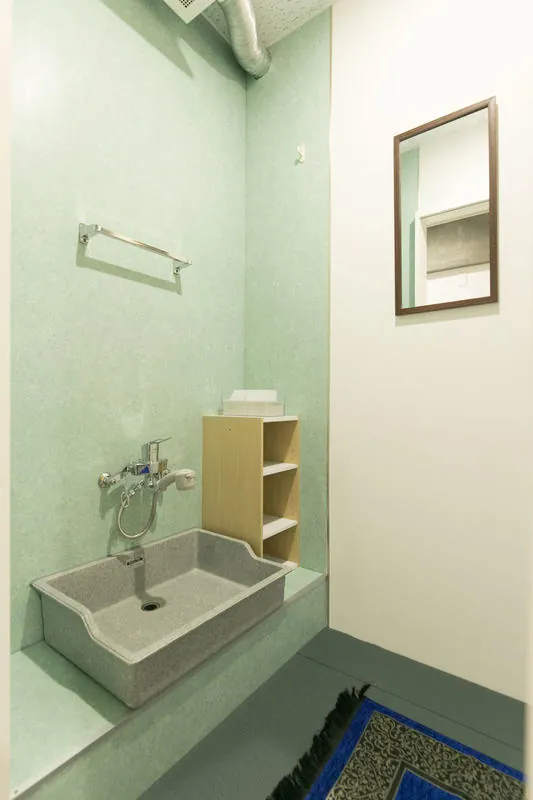 Washroom with green tiles and a low sink